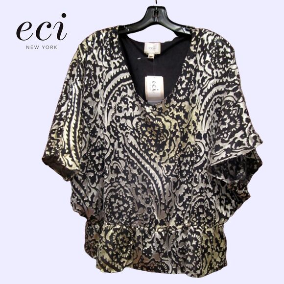 Eci NEW Metallic Paisley Flutter Sleeve Blouse M - Picture 1 of 12